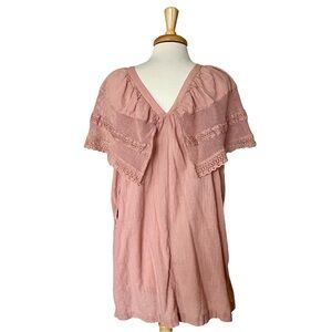 Flutter Lace Batwing Sleeve Mini Swing Dress in Dusky Pink Cotton Gauze Fabric